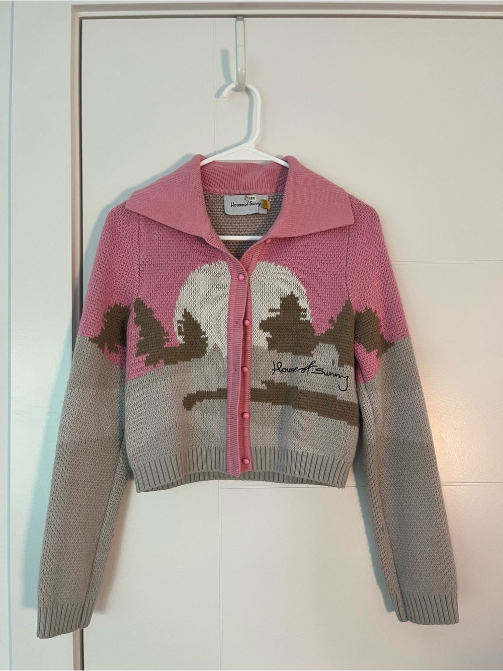 House of Sunny Rose Pink and Gray Scenic Knit Cardigan Sweater